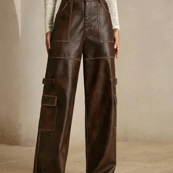 Coffee Brown Casual Women's Merlot Vintage Distressed Faux Cargo Pants - Picture 5 of 6